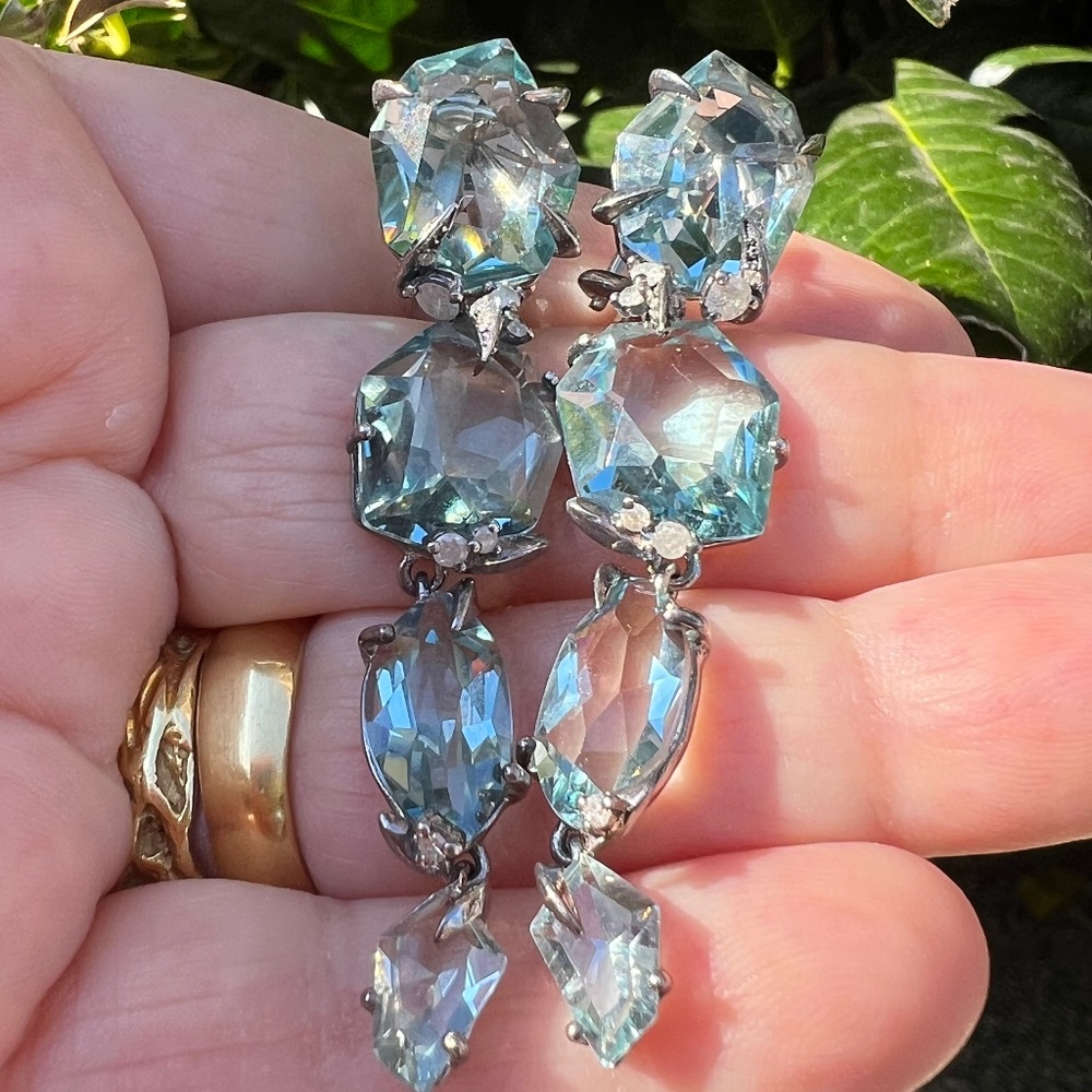 ALEXIS BITTAR FINE BLUE QUARTZ GRAY DIAMONDS LONG DROP DANGLE EARRINGS STATEMENT - Picture 2 of 16